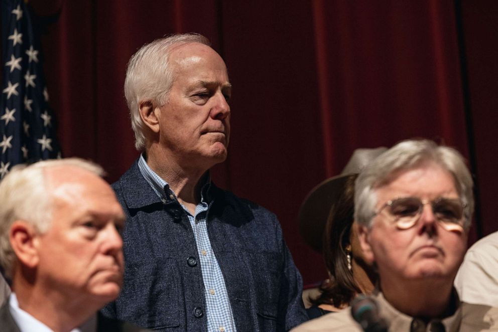 PHOTO: Sen. John Cornyn attends a press conference at Uvalde High School, May 25, 2022, in Uvalde, Texas.