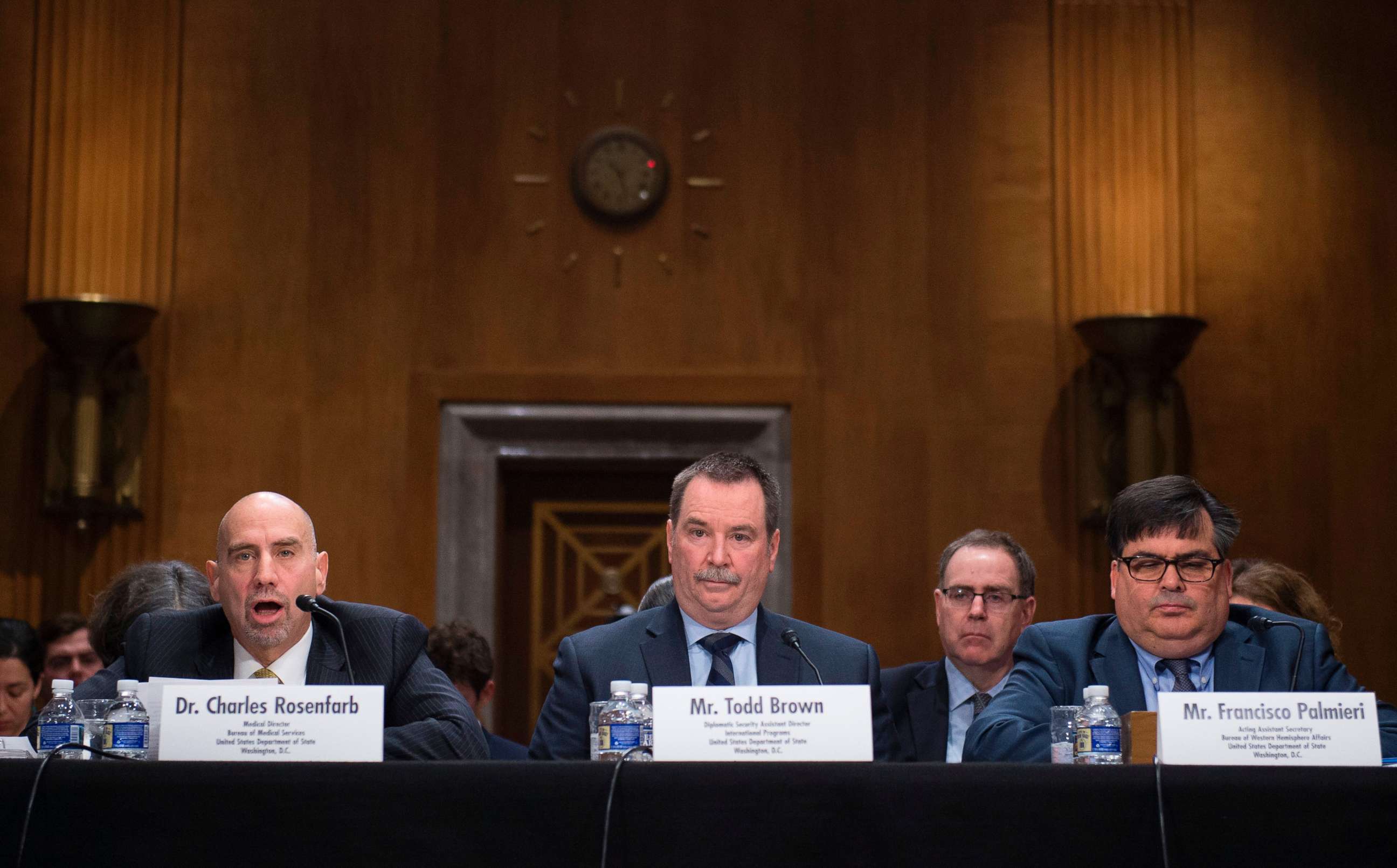 PHOTO:Left to right; Officials with the U.S. State Dept., Charles Rosenfarb, Todd Brown, and Francisco Palmieri, take part in a Senate foreign relations hearing on the attacks on US diplomats in Cuba in Washington, DC, Jan. 9, 2018.