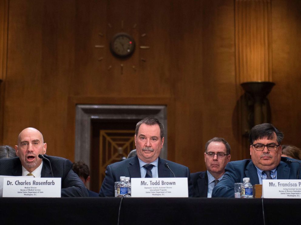PHOTO:Left to right; Officials with the U.S. State Dept., Charles Rosenfarb, Todd Brown, and Francisco Palmieri, take part in a Senate foreign relations hearing on the attacks on US diplomats in Cuba in Washington, DC, Jan. 9, 2018.
