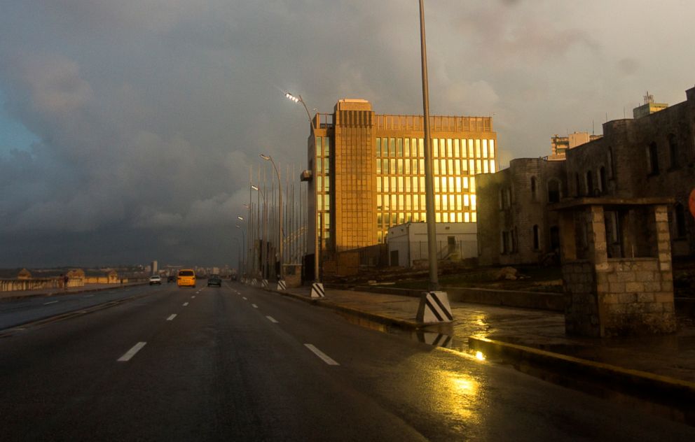 PHOTO:The light from the setting sun shines on the facade of the United States Embassy, in Havana, Cuba, Oct. 14, 2017. 