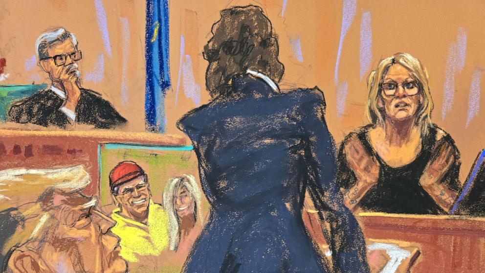 PHOTO: Stormy Daniels is questioned by prosecutor Susan Hoffinger before Justice Juan Merchan during former President Donald Trump's criminal trial in Manhattan state court in New York City, May 7, 2024 in this courtroom sketch.