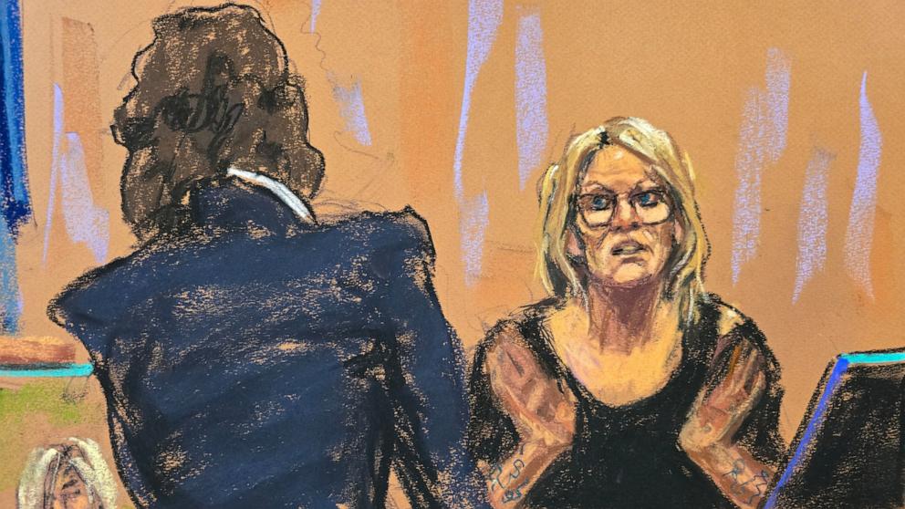 PHOTO: Stormy Daniels is questioned by prosecutor Susan Hoffinger during former President Donald Trump's criminal trial in Manhattan state court in New York City, May 7, 2024 in this courtroom sketch. 