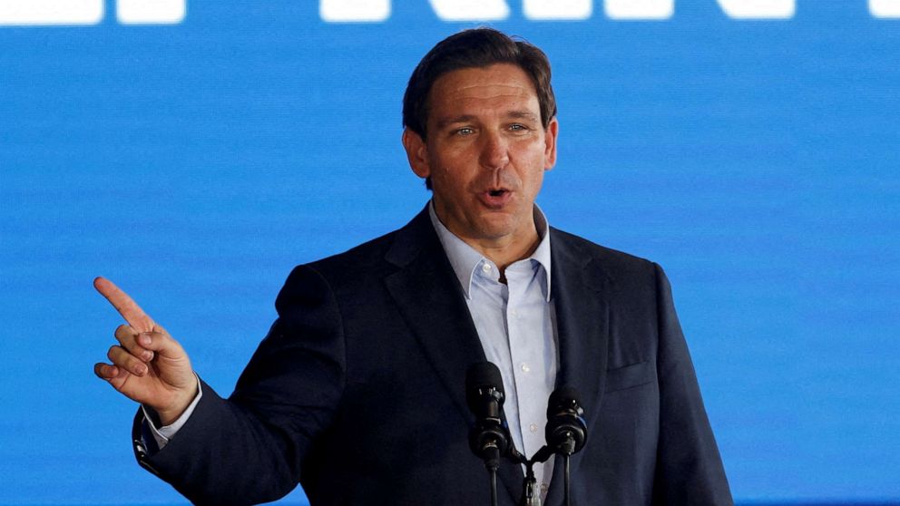 PHOTO: Florida Governor and likely 2024 Republican presidential candidate Ron DeSantis speaks as part of his Florida Blueprint tour in Pinellas Park, Florida, U.S. March 8, 2023. REUTERS/Scott Audette/File Photo