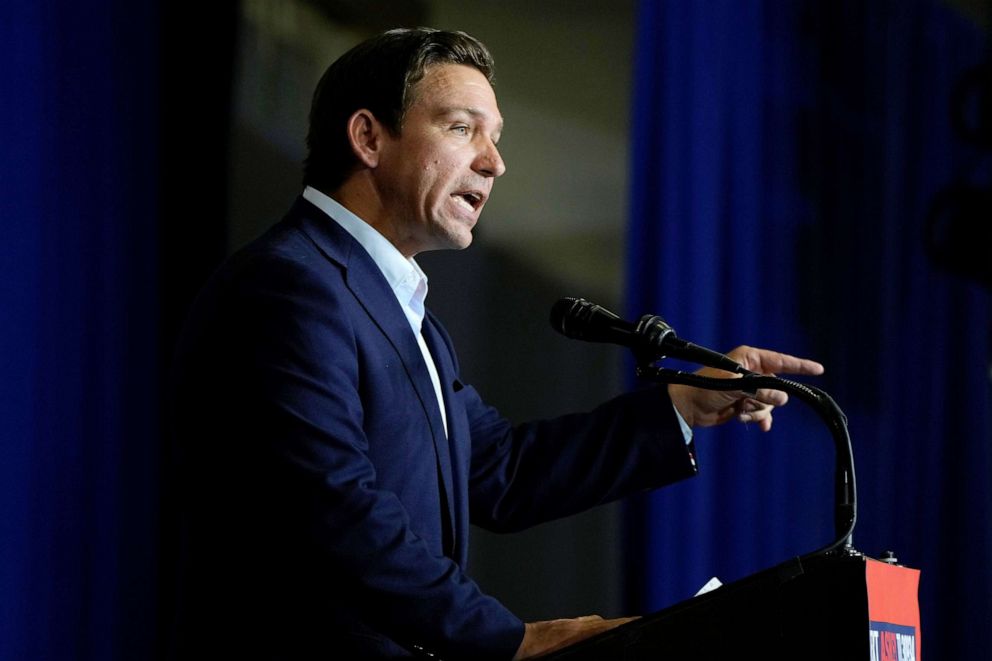 PHOTO: Republican presidential candidate Florida Gov. Ron DeSantis speaks during a fundraising event for Rep. Ashley Hinson, Aug. 6, 2023, in Cedar Rapids, Iowa.