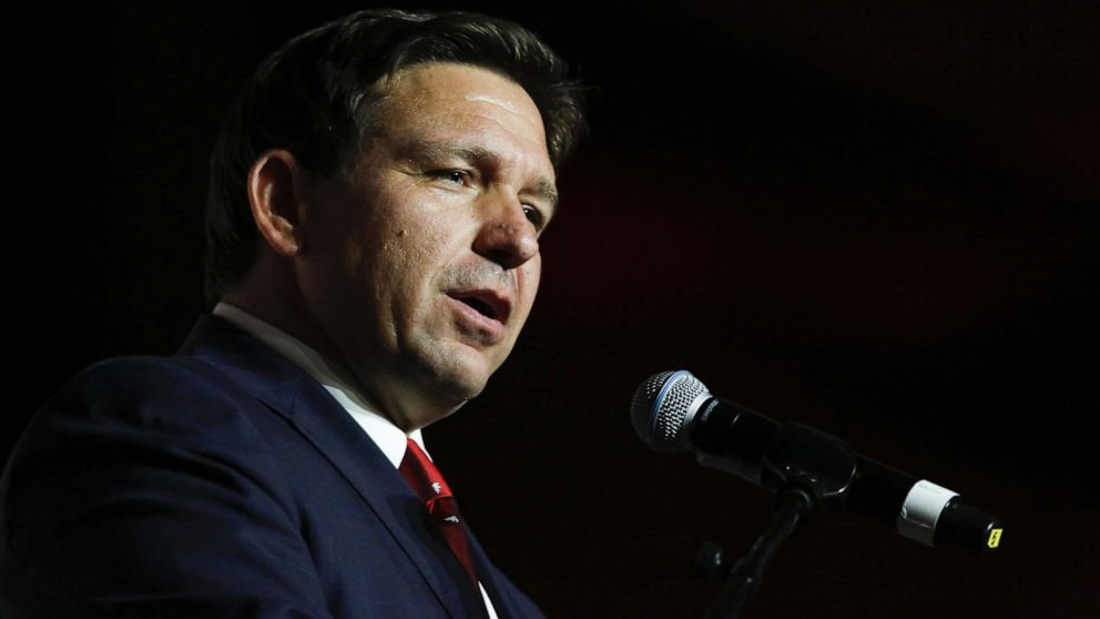PHOTO: Ron DeSantis speaks during the 2022 Victory Dinner in Hollywood, Fla., July 23, 2022.