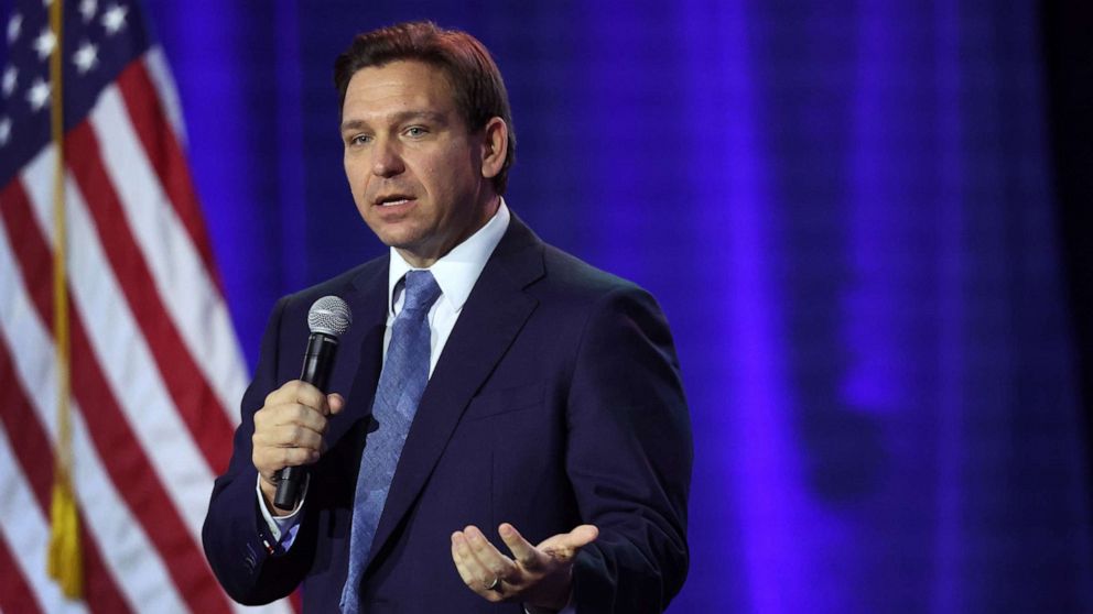 PHOTO: Florida Gov. Ron DeSantis speaks to Iowa voters gathered at the Iowa State Fairgrounds, March 10, 2023, in Des Moines, Iowa.