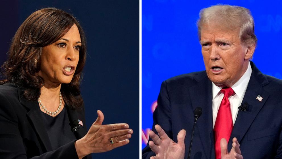 PHOTO: Democratic vice presidential candidate Sen. Kamala Harris, speaks during a debate, Oct. 7, 2020, in Salt Lake City, left, Republican presidential candidate former President Donald Trump speaks during a debate, June 27, 2024, in Atlanta.