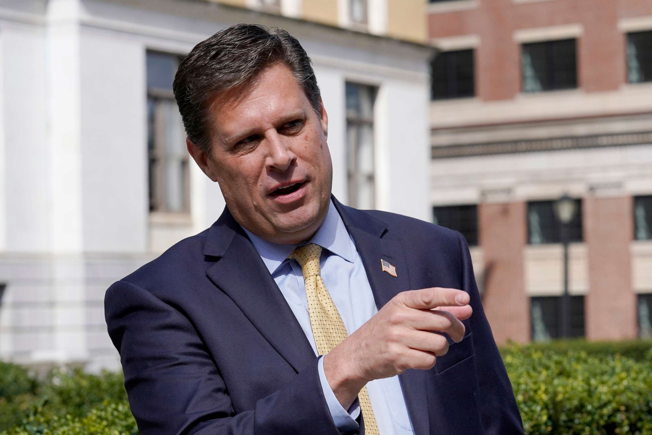 PHOTO: Geoff Diehl speaks to reporters outside the Statehouse, in Boston, March 21, 2022. 