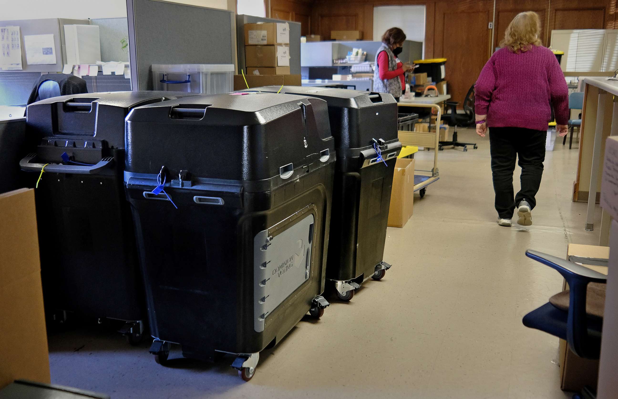 PHOTO: Dominion voting machines in the basement at the election offices Rome, Ga., Jan. 18, 2022. 