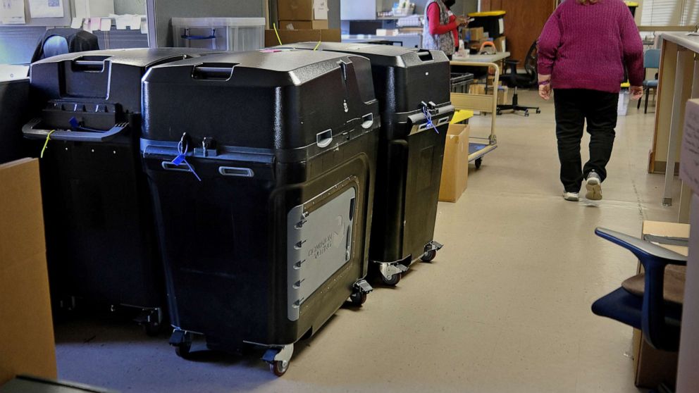 PHOTO: Dominion voting machines in the basement at the election offices Rome, Ga., Jan. 18, 2022. 