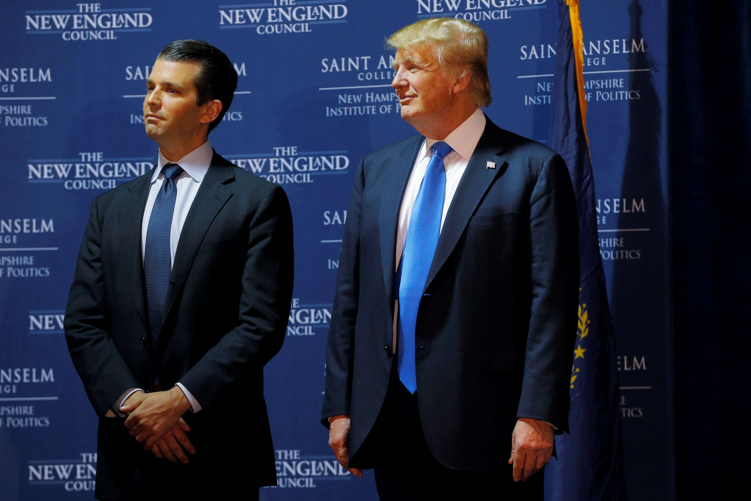 PHOTO: Republican presidential candidate Donald Trump  with his son Donald Trump Jr. during a campaign event in Manchester, New Hampshire on Nov. 11, 2015. 