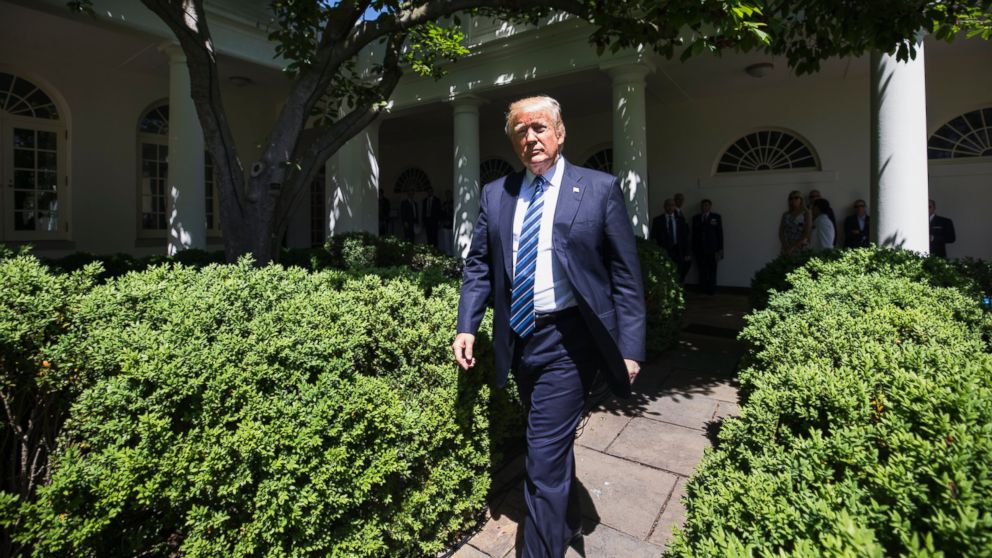 U.S. President Donald J. Trump arrives to participate in the U.S. Air Force Academy Commander-in-Chief's football trophy presentation in the Rose Garden of the White House, in Washington, DC, May 2, 2017. 