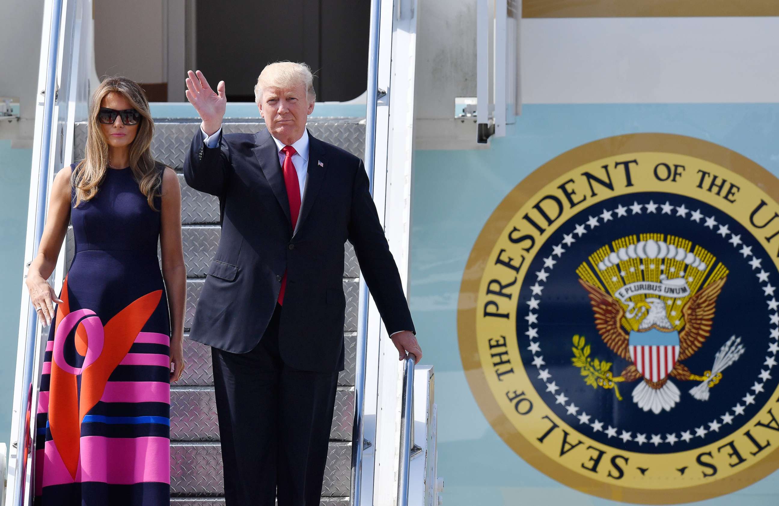 PHOTO: President Donald J. Trump and his wife, Melania Trump, arrive at Hamburg Airport ahead of the G20 summit in Hamburg, Germany, July 6, 2017. 