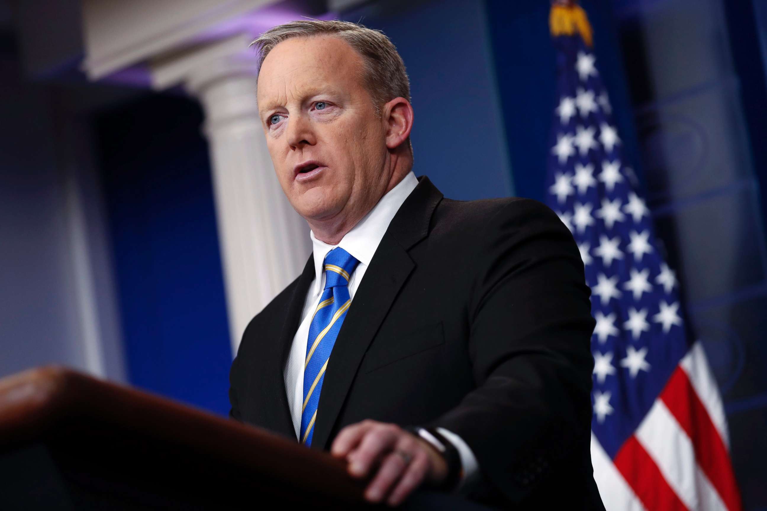 PHOTO: White House Press Secretary Sean Spicer responds to a question from the news media during a press conference in the Brady Press Briefing Room of the White House in Washington, Jan. 24, 2017.