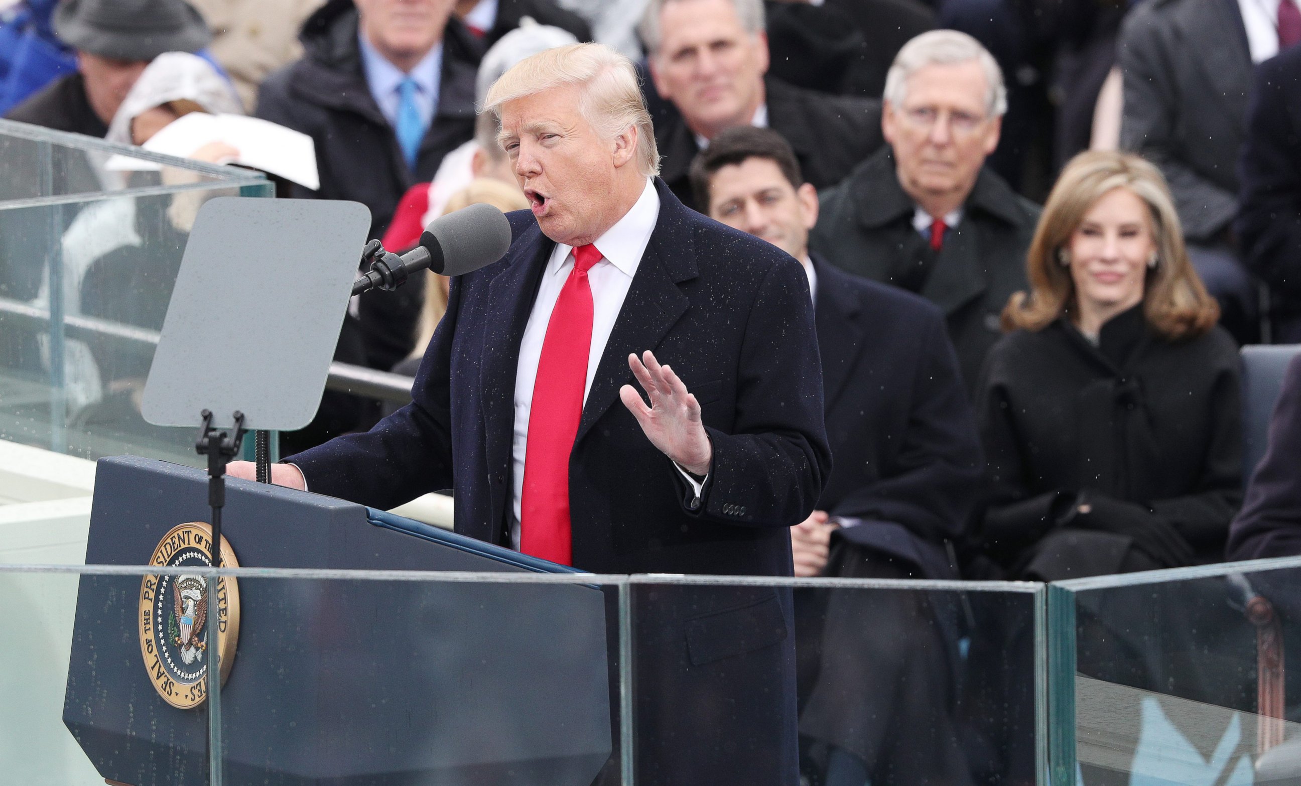 PHOTO: President-elect Donald J. Trump delivers his Inaugural address after taking the oath of office as the 45th President of the United States in Washington, D.C., Jan. 2017. 