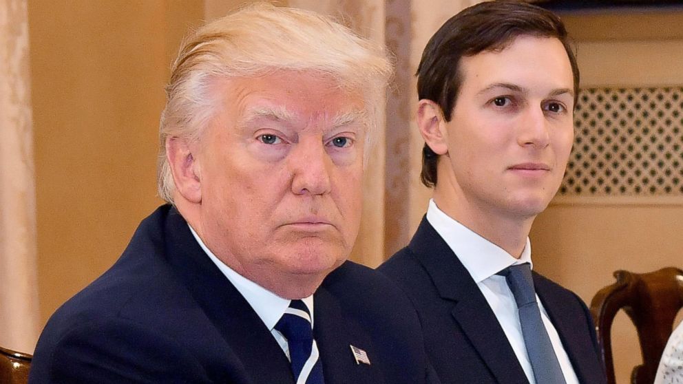 President Donald J. Trump (L) is flanked by his senior adviser Jared Kushner (R) during a meeting with Italian Prime Minister Paolo Gentiloni (not pictured), at Villa Taverna in Rome, Italy, May 24, 2017. 