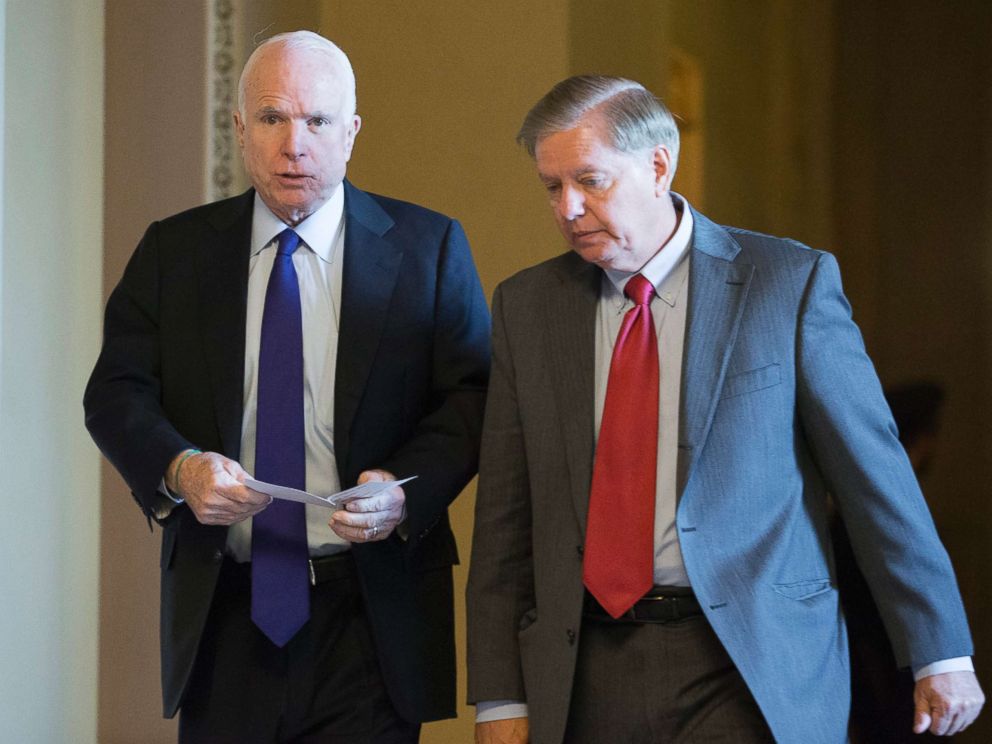 PHOTO: Sen. John McCain and Sen. Lindsey Graham walk near the Senate chamber following Senate Republican elections on Capitol Hill in Washington, in this file photo dated Nov. 16, 2016.