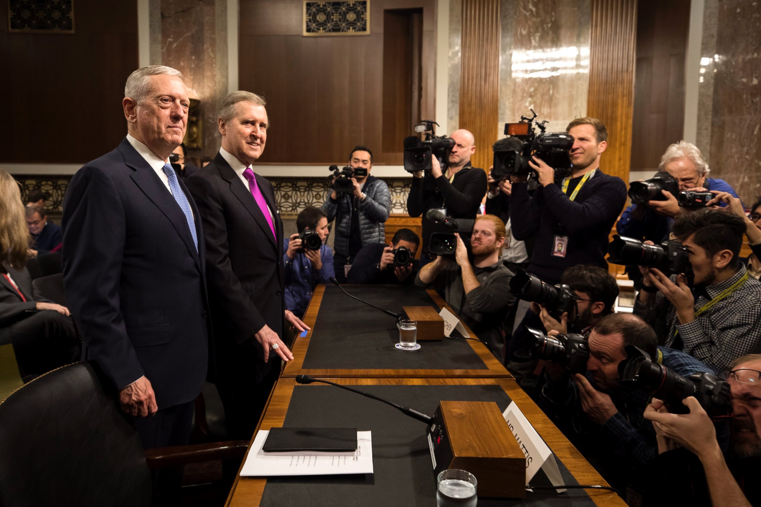 PHOTO: Retired United States Marine Corps general and Donald Trump's nominee for Secretary of Defense James Mattis, stands next to former Secretary of Defense William Cohen in Washington, Jan. 12, 2017.