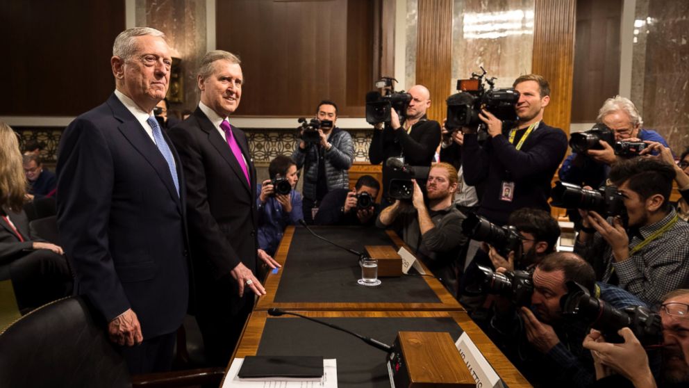 PHOTO: Retired United States Marine Corps general and Donald Trump's nominee for Secretary of Defense James Mattis, stands next to former Secretary of Defense William Cohen in Washington, Jan. 12, 2017.