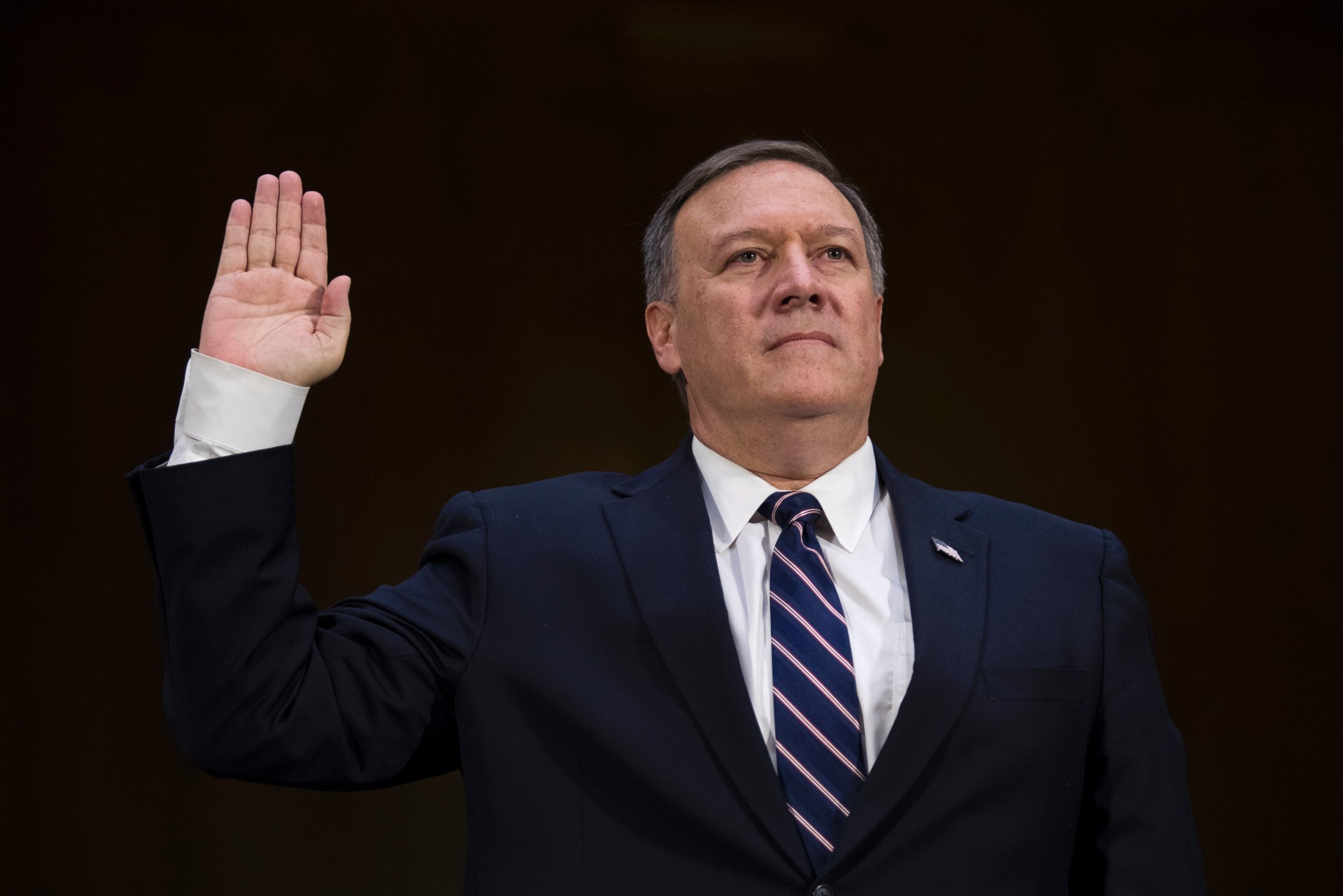 PHOTO: CIA Director nominee Congressman Michael Pompeo is sworn in prior to testifying during his confirmation hearing before Senate Intelligence Committee on Capitol Hill on Jan. 12, 2017.