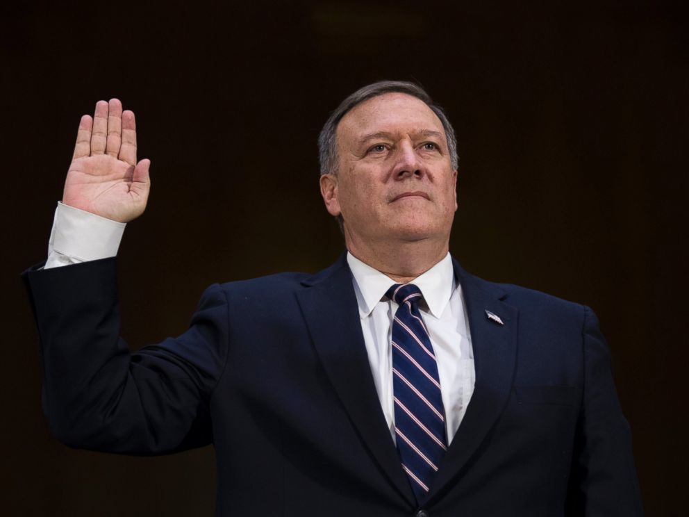 PHOTO: CIA Director nominee Congressman Michael Pompeo is sworn in prior to testifying during his confirmation hearing before Senate Intelligence Committee on Capitol Hill, Jan. 12, 2017.