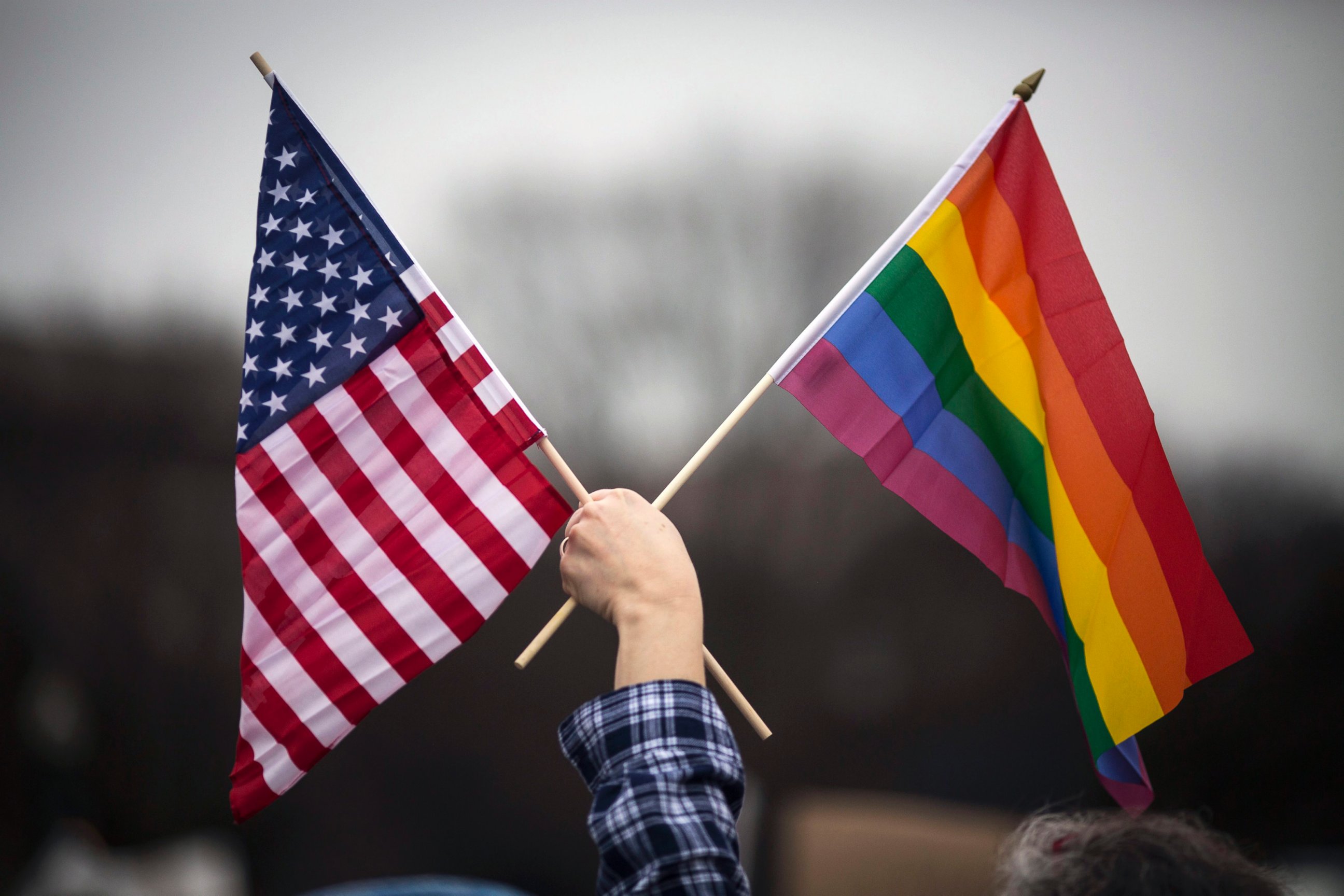 PHOTO: A participant holds both the U.S. national flag (L) and the LGBT community's symbolic  Rainbow flag (R) as people arrive on the mall for the Million Woman March in Washington, D.C., Jan. 21, 2017. 