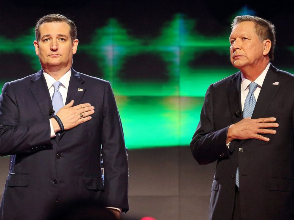 PHOTO: Republican presidential candidates Ted Cruz, left,  and John Kasich during the Republican National Committee Presidential Primary Debate at the University of Miami's Bank United Center, in Miami, Florida, March 10, 2016. 