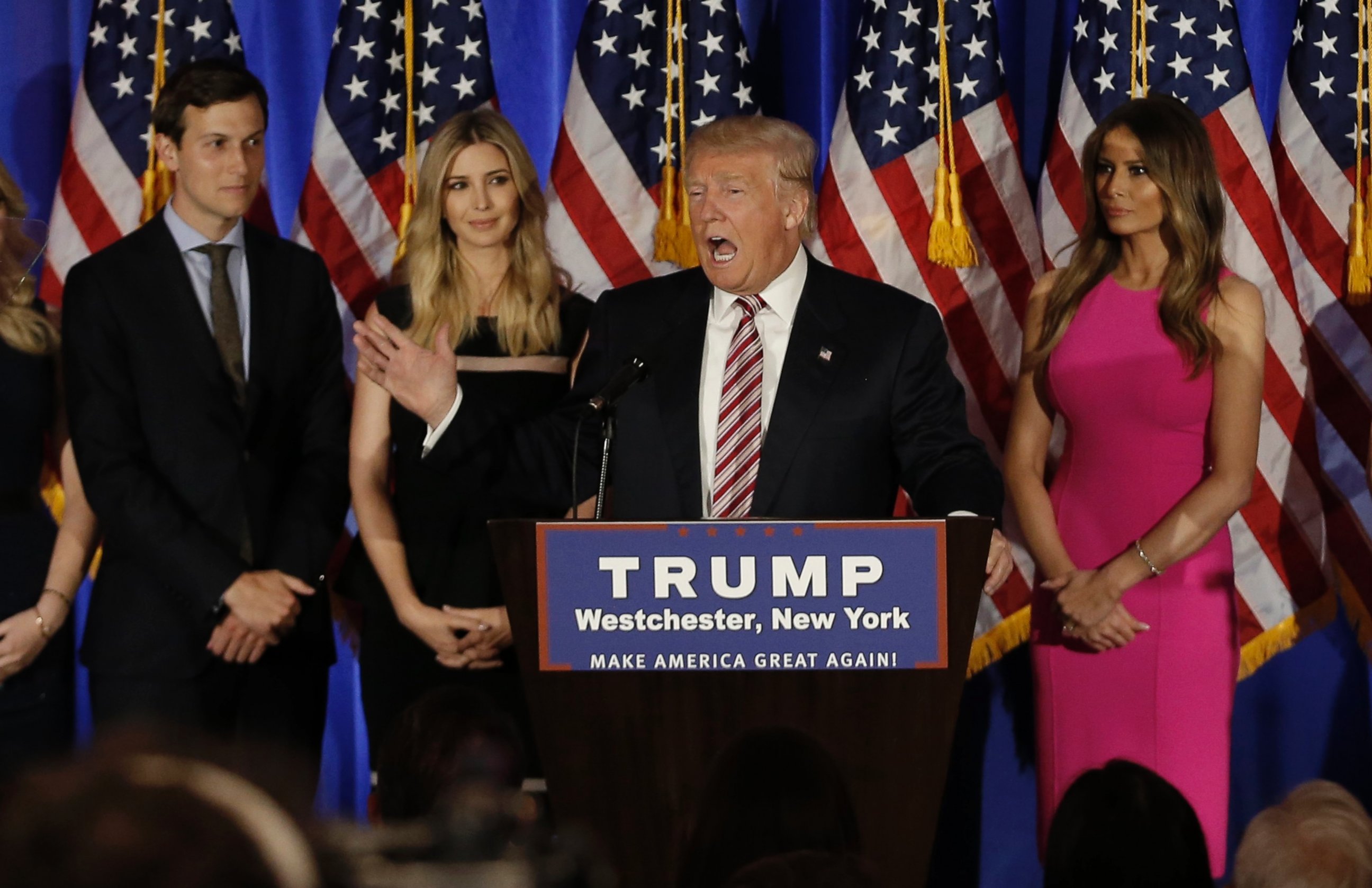 PHOTO: Republican U.S. presidential candidate Donald Trump speaks as his son-in-law Jared Kushner (L), daughter Ivanka (2nd from L) and his wife Melania (R) listen at a campaign event in Briarcliff Manor, New York, June 7, 2016.  