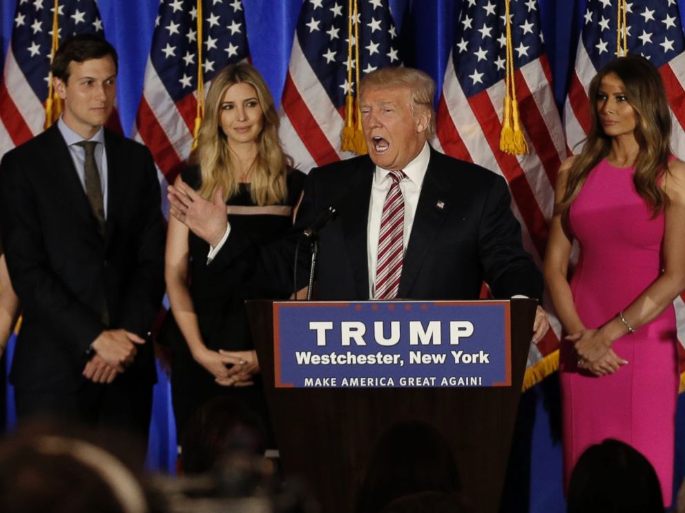 PHOTO: Republican U.S. presidential candidate Donald Trump speaks as his son-in-law Jared Kushner (L), daughter Ivanka (2nd from L) and his wife Melania (R) listen at a campaign event in Briarcliff Manor, New York, June 7, 2016.