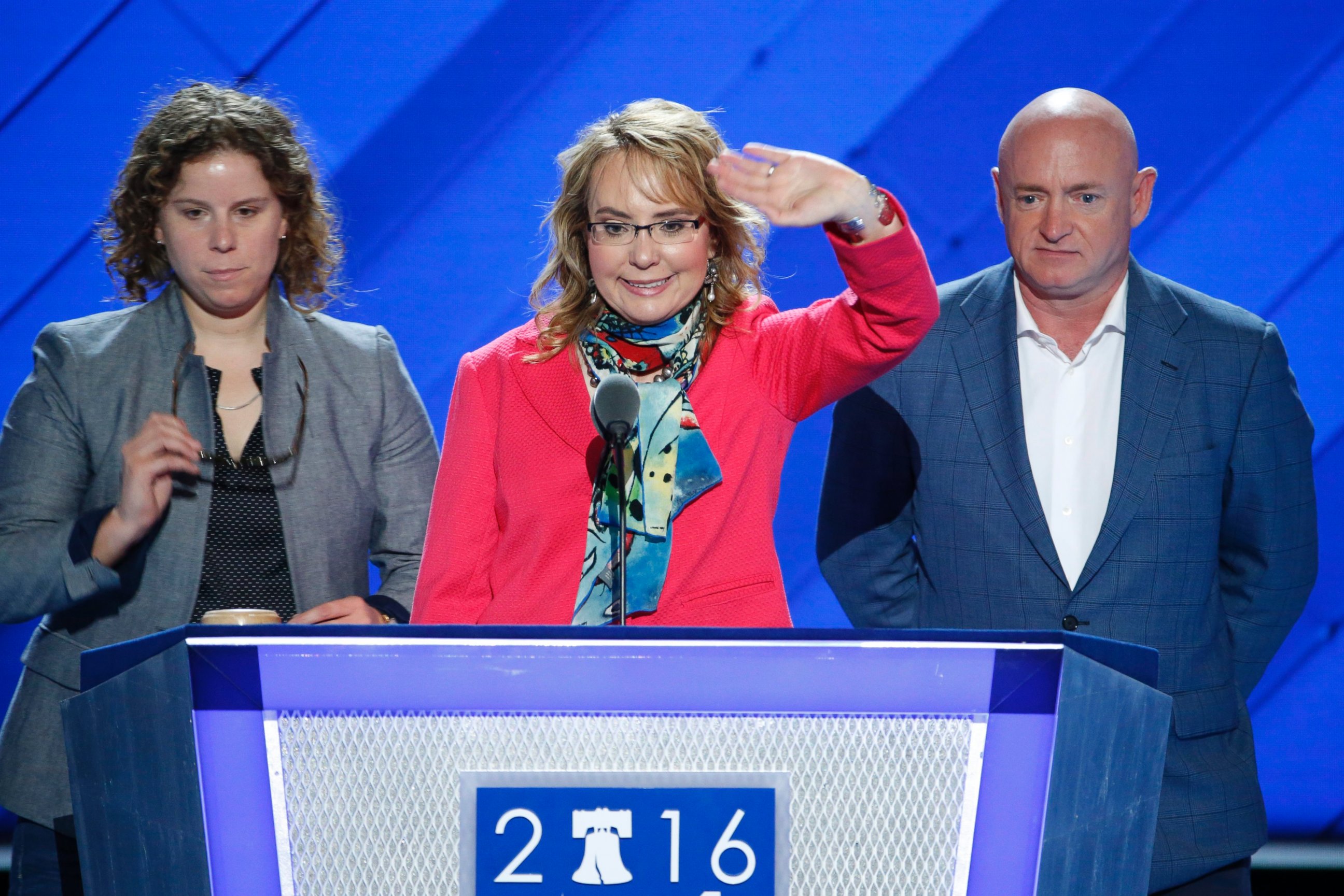 PHOTO: Former Arizona Representative Gabrielle 'Gabby' Giffords, with her husband former US astronaut Mark Kelly, on stage for a walk through on the first day of the 2016 Democratic National Convention in Philadelphia, Pennsylvania, July 25, 2016. 