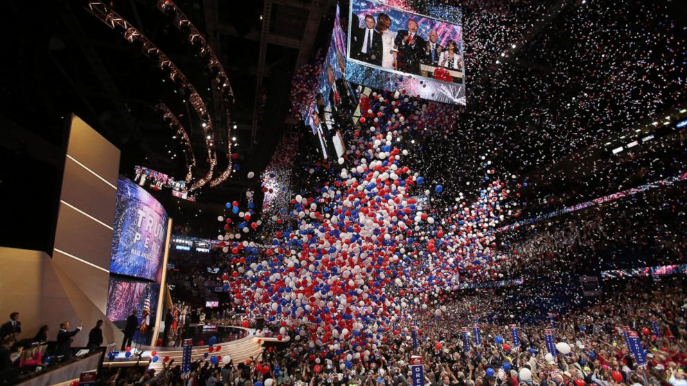 Republican presidential candidate Donald Trump and his family onstage after finishing his address during the final day of the 2016 Republican National Convention at Quicken Loans Arena in Cleveland, July 21, 2016. 