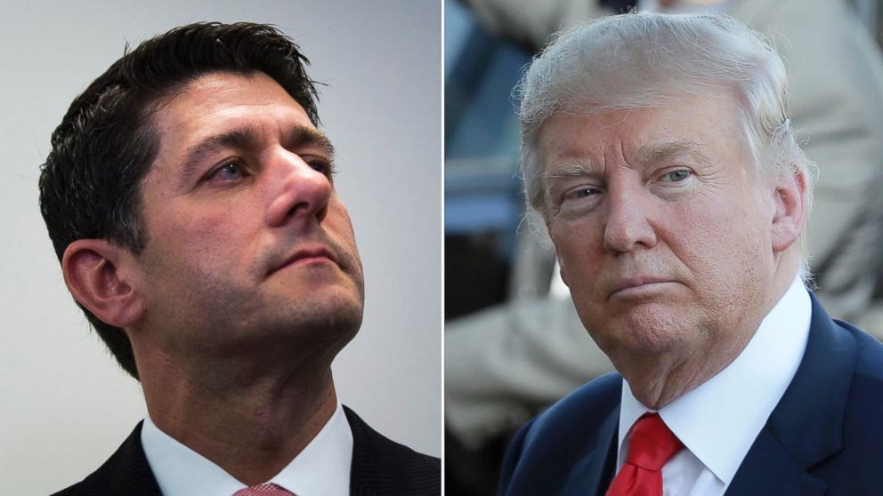 Republican Speaker of the House, Paul Ryan speaks to the media about his upcoming meeting with the Republican Party's presumptive presidential nominee Donald Trump, shown at right during a political rally May 6, 2016 in Omaha, Nebraska.