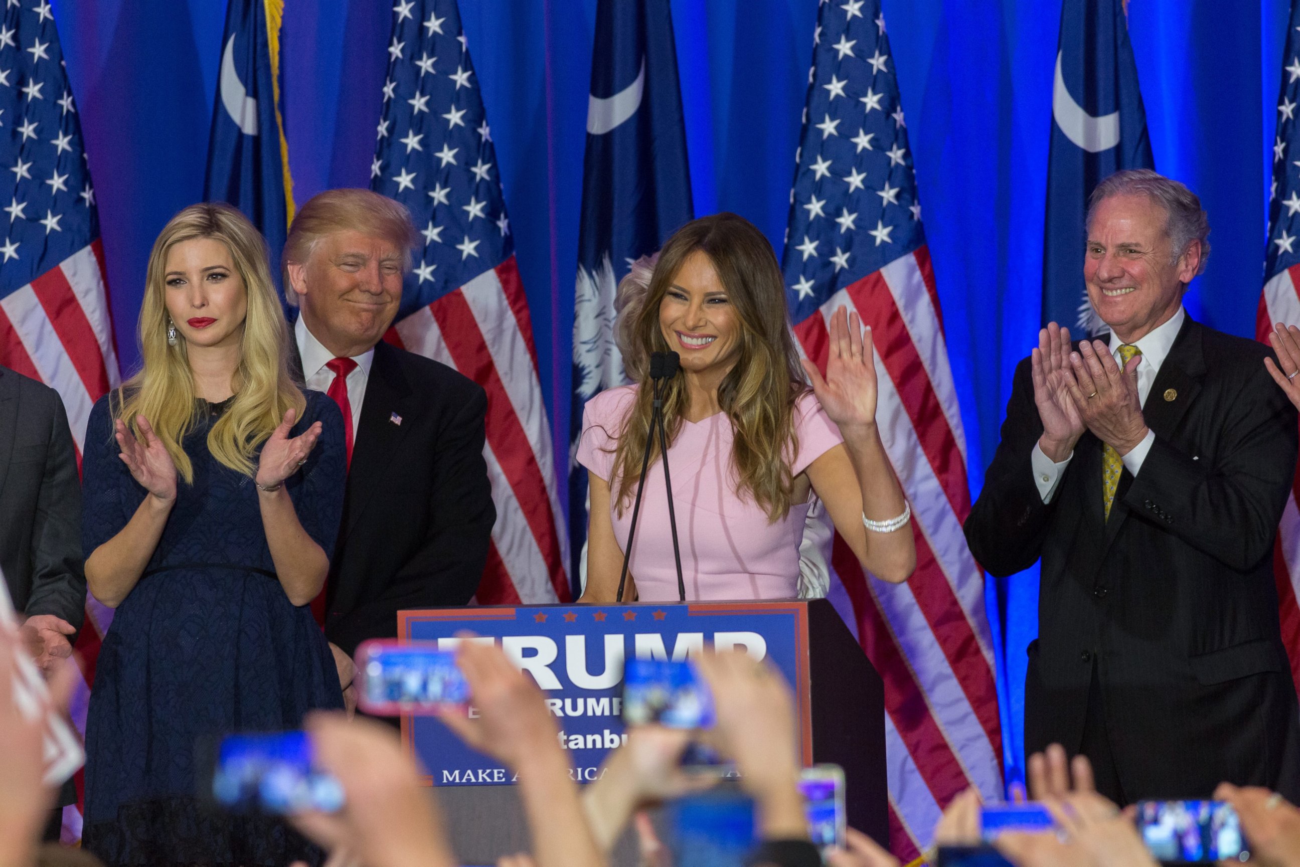 PHOTO: Ivanka Trump, daughter, left, and Melania Trump, center, wife of Republican  presidential candidate Donald Trump at a Trump victory party after he won the South Carolina Republican primary,Feb. 20, 2016.