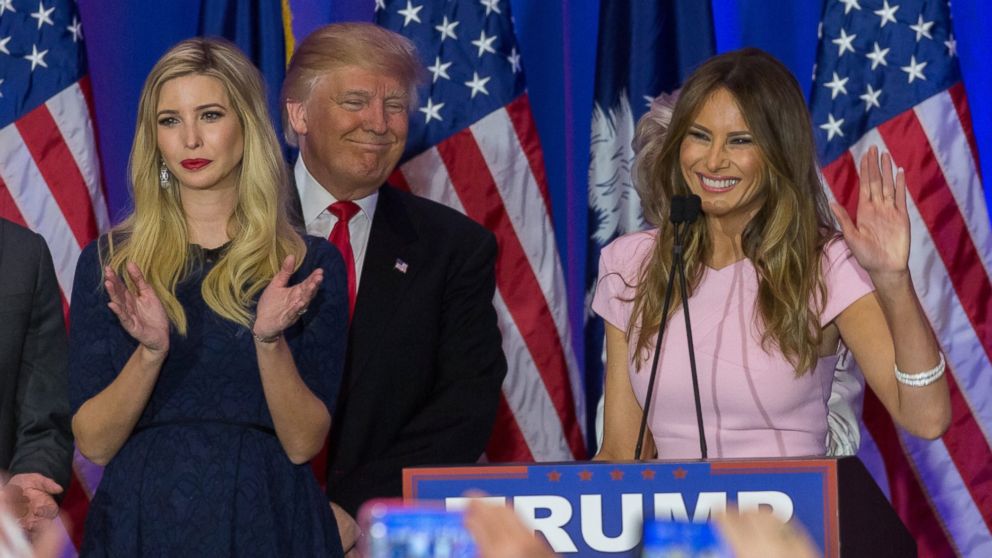 PHOTO: Ivanka Trump, daughter, left, and Melania Trump, center, wife of Republican  presidential candidate Donald Trump at a Trump victory party after he won the South Carolina Republican primary,Feb. 20, 2016.