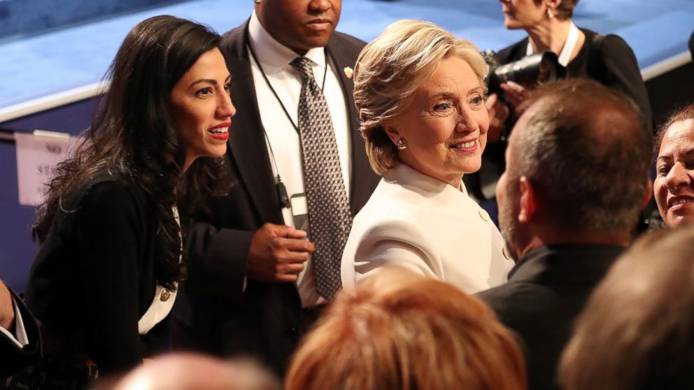 PHOTO: Democratic presidential candidate Hillary Clinton and Huma Abedin at the end of the final presidential debate at the University of Nevada-Las Vegas in Las Vegas, Oct. 19, 2016.