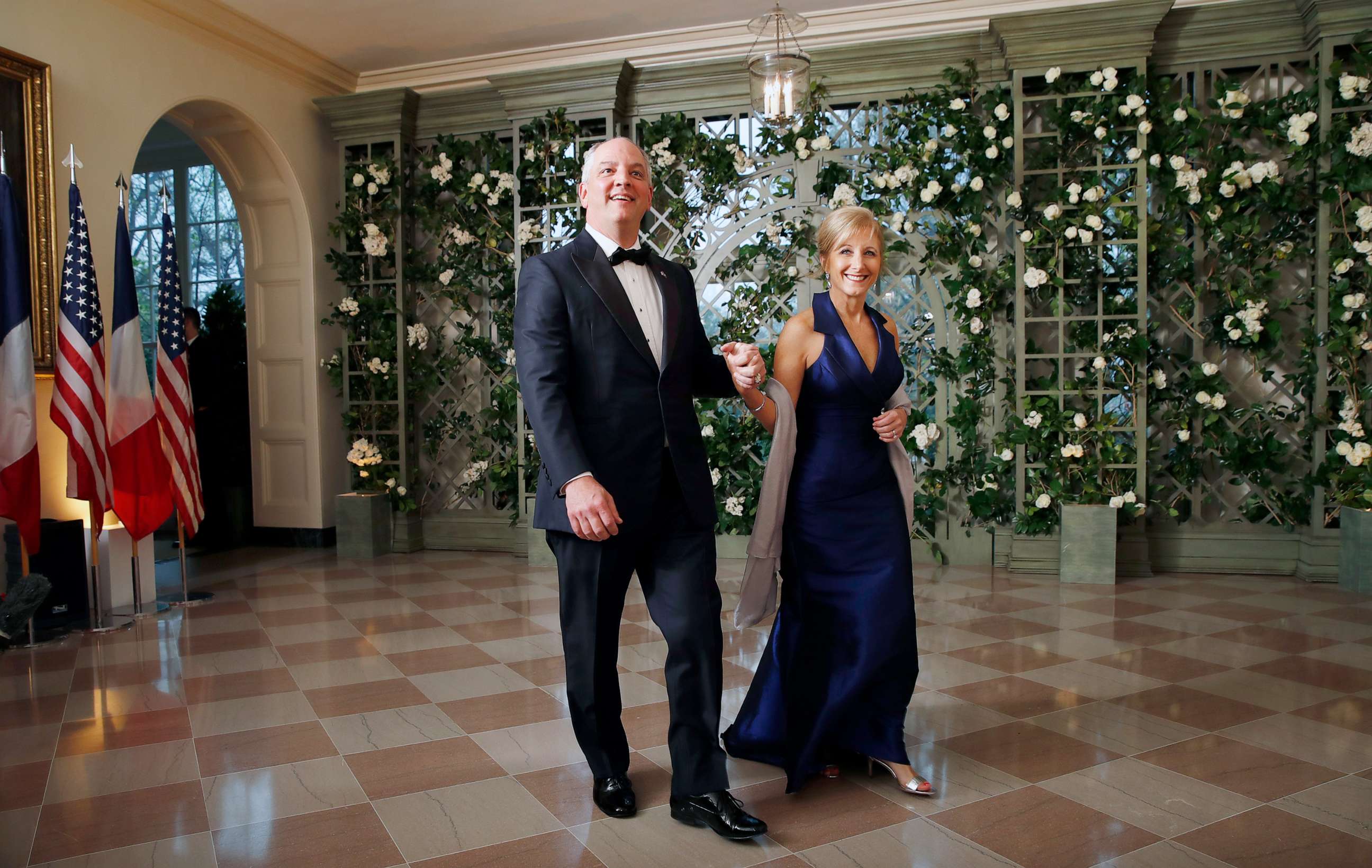 PHOTO: In this April 24, 2018 file photo Gov. John Bel Edwards with his wife Donna Edwards arrive for a State Dinner with French President Emmanuel Macron and President Donald Trump at the White House in Washington.