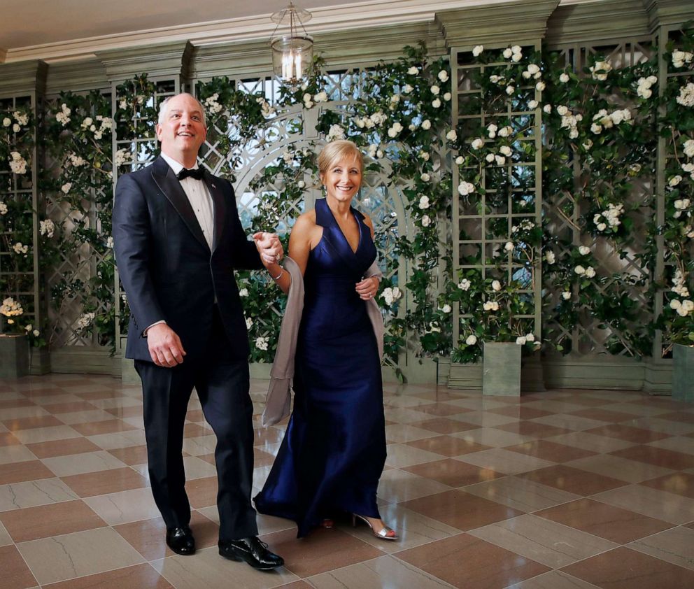 PHOTO: In this April 24, 2018 file photo Gov. John Bel Edwards with his wife Donna Edwards arrive for a State Dinner with French President Emmanuel Macron and President Donald Trump at the White House in Washington.