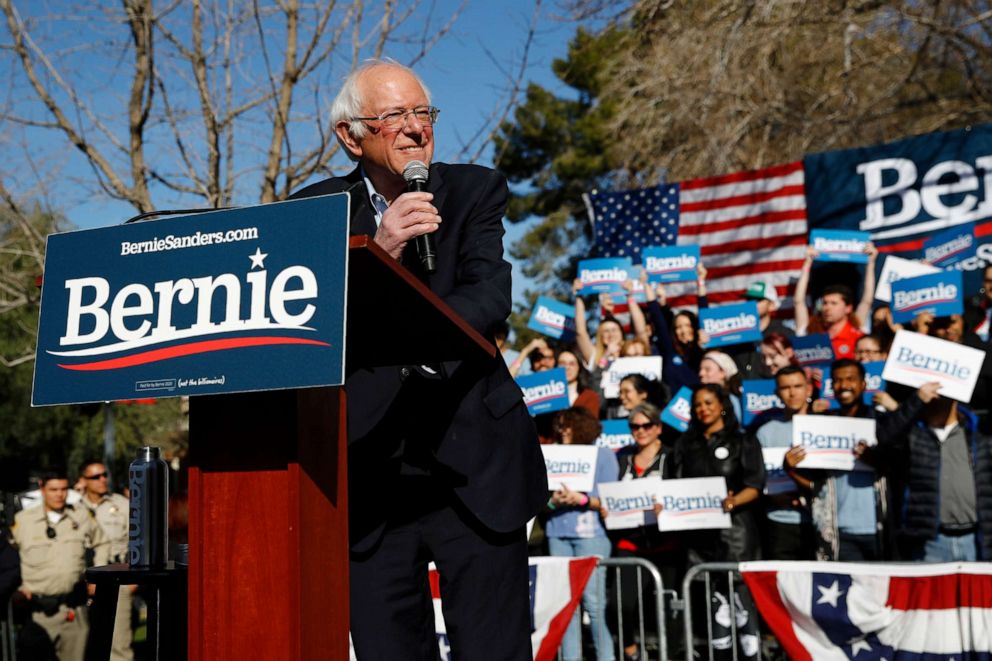 PHOTO: Democratic presidential candidate Sen. Bernie Sanders, I-Vt., speaks during a campaign event at the University of Nevada, Las Vegas, Tuesday, Feb. 18, 2020, in Las Vegas. 