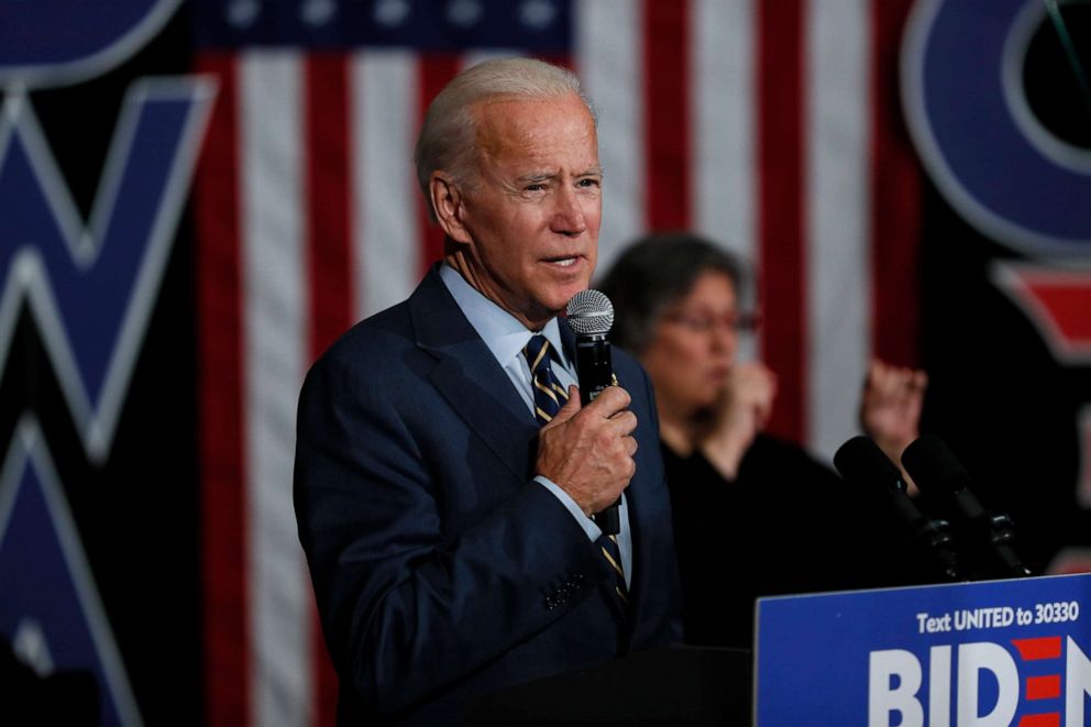 PHOTO: Democratic presidential candidate former Vice President Joe Biden speaks during a town hall meeting, Nov. 11, 2019, in Oskaloosa, Iowa.