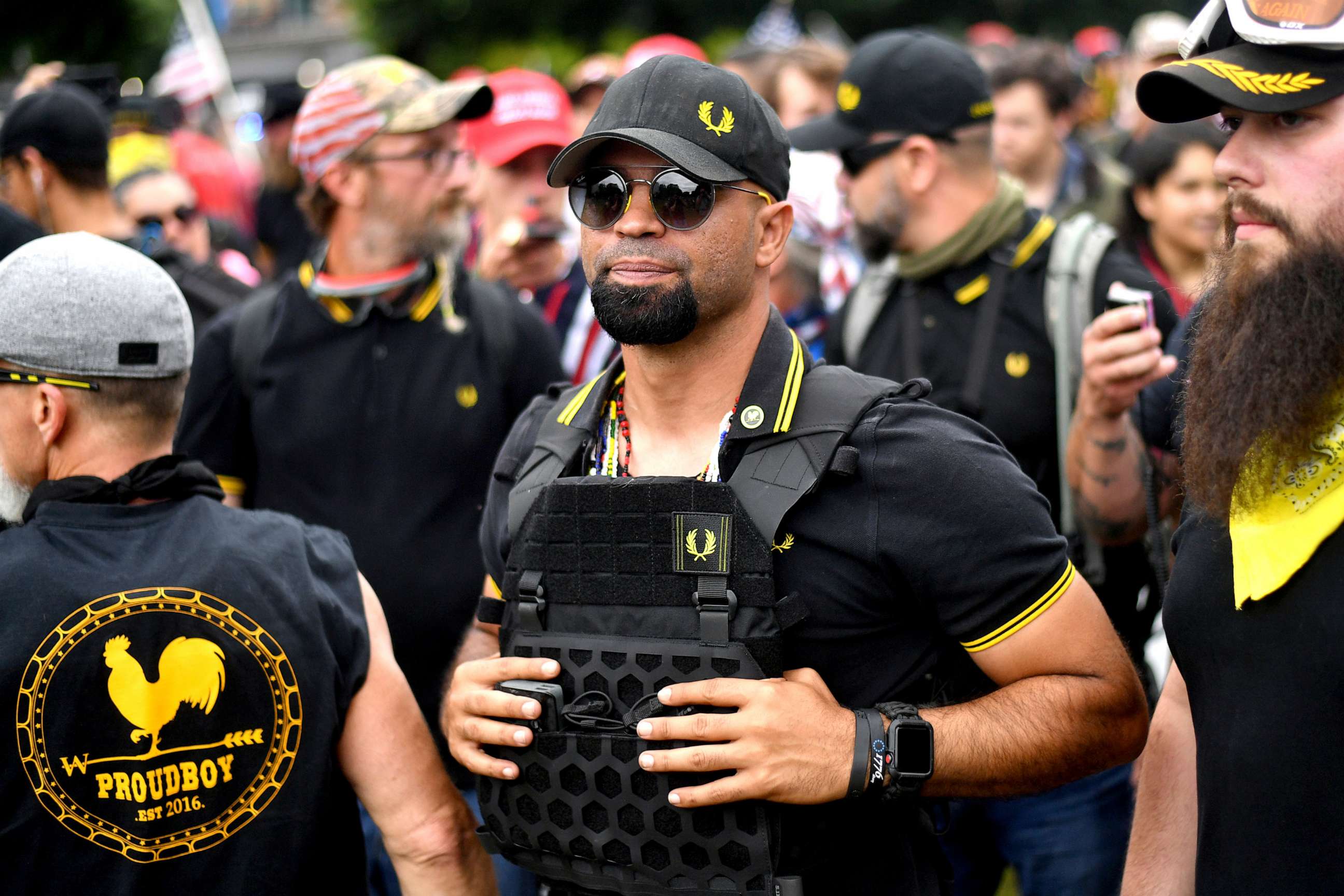 PHOTO: Enrique Tarrio and members of the Proud Boys attend a rally in Portland, Ore., Aug. 17, 2019.