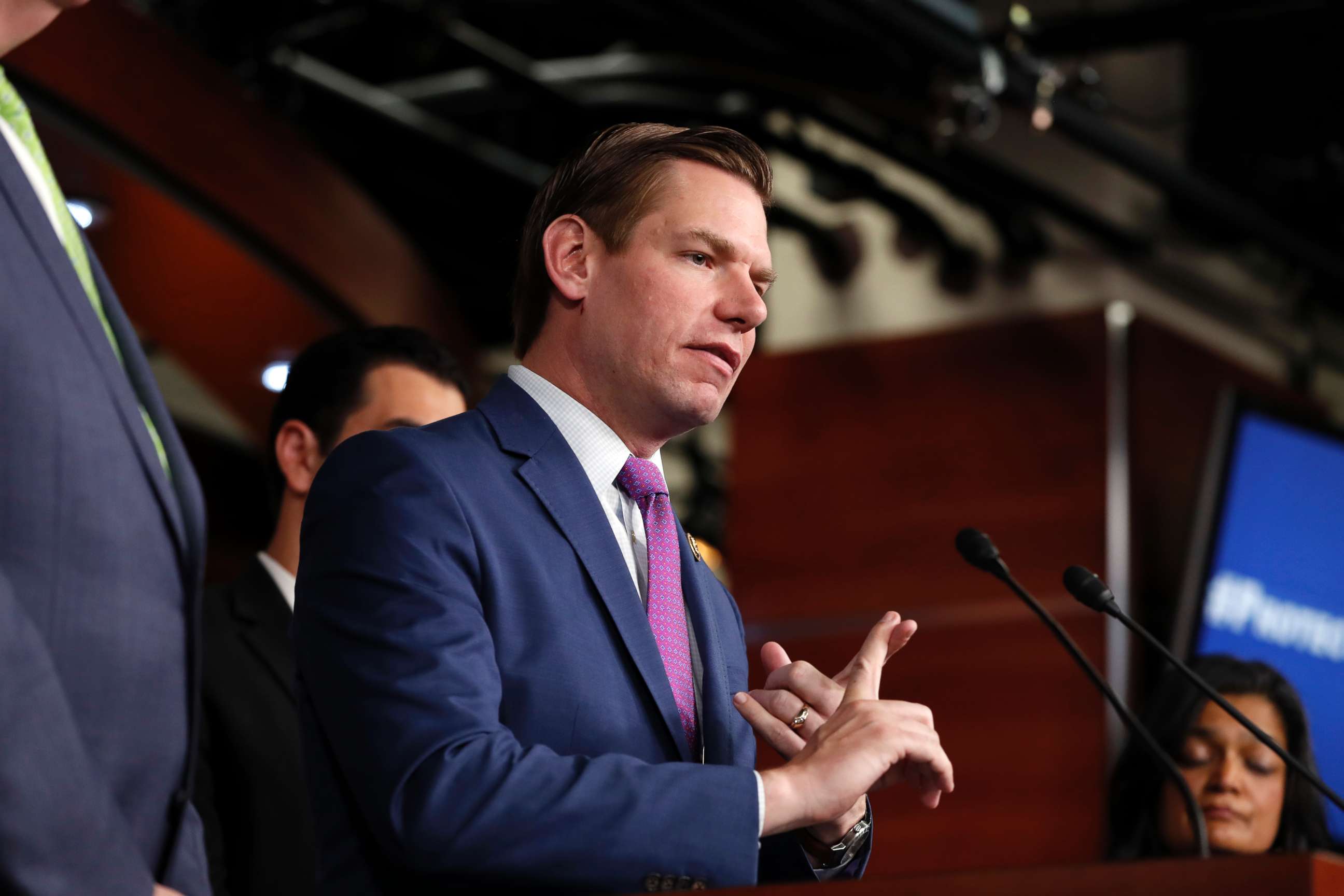 PHOTO: Rep. Eric Swalwell, D-Calif. speaks during a news conference on Capitol Hill in Washington, May 17, 2017. 