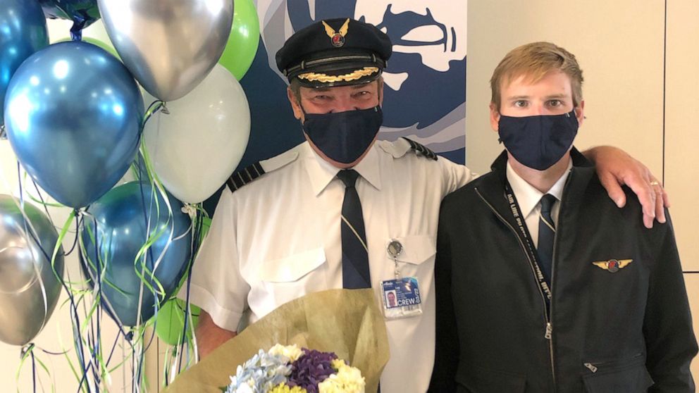 PHOTO: Alaska Airlines pilot Lee Erickson flew his last flight with his son, First Officer Kalin Erickson, in the cockpit.