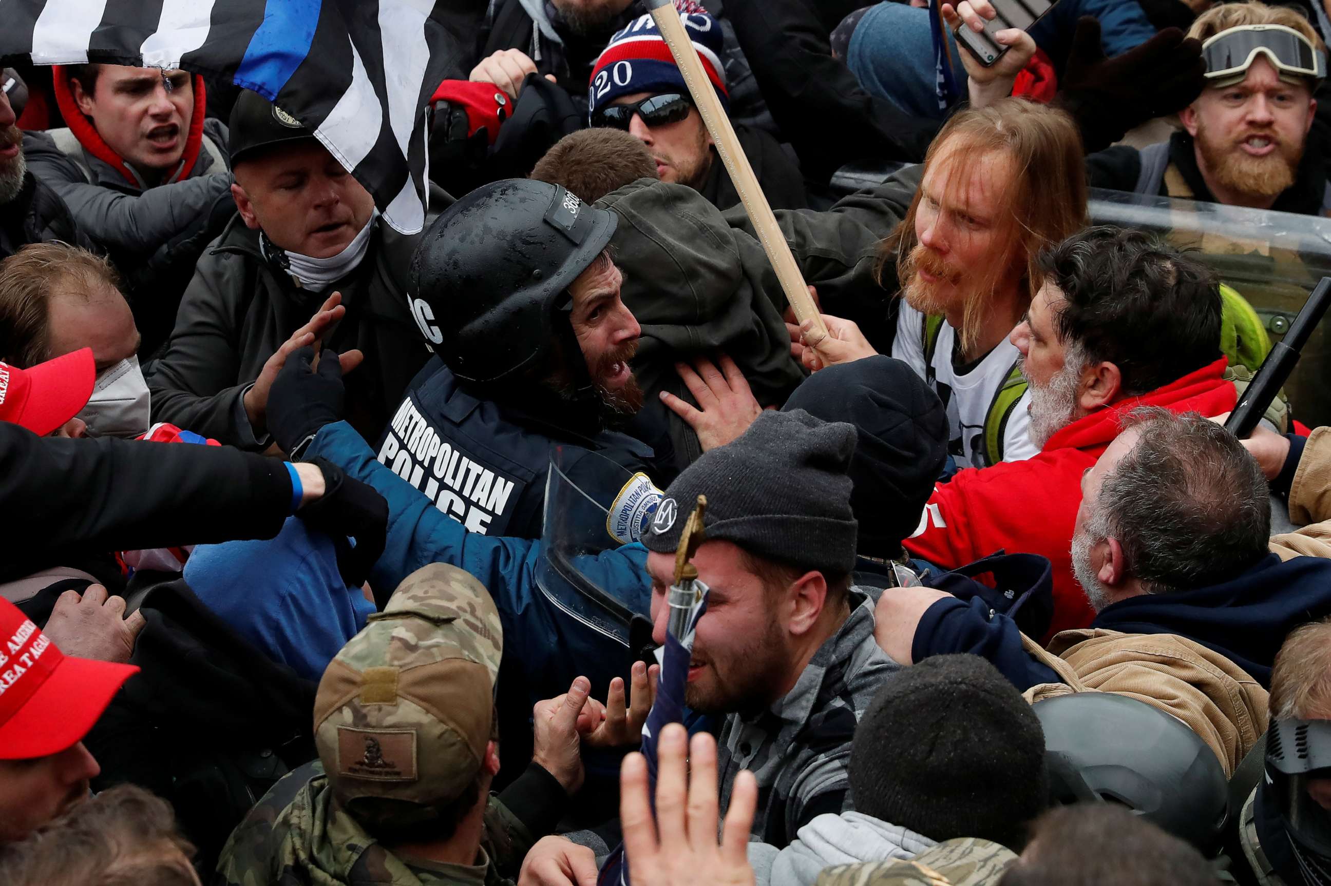 PHOTO: Pro-Trump protesters clash with D.C. police officer Michael Fanone during a rally to contest the certification of the 2020 presidential election results at the Capitol, Jan. 6, 2021.