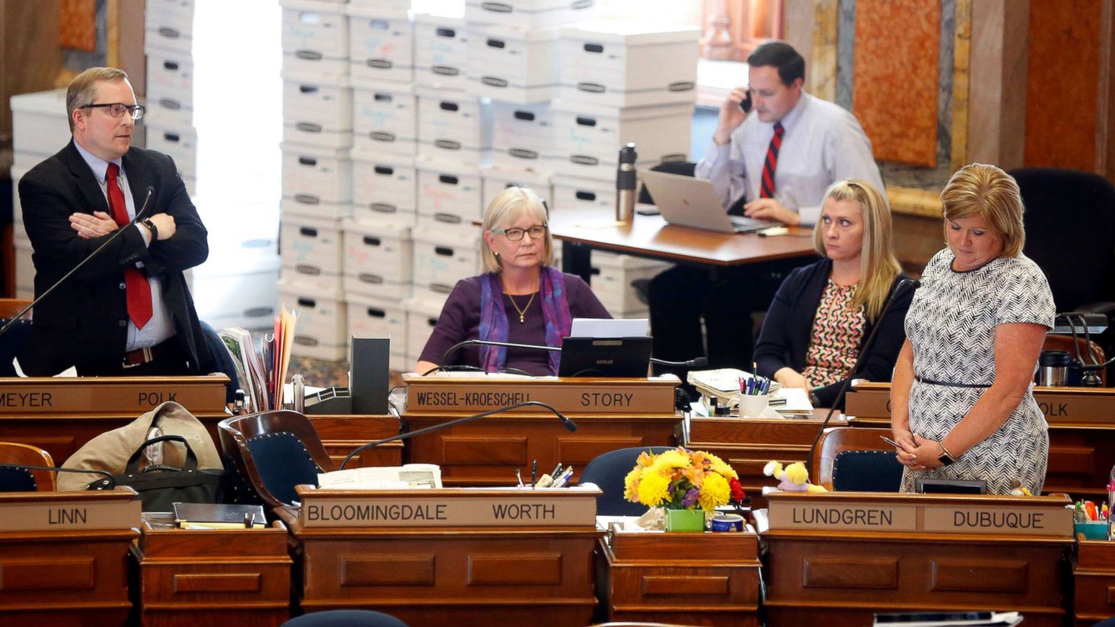 PHOTO: Representative Brian Meyer of Polk County questions Representative Shannon Lundgren of Dubuque on the floor of the Iowa House Tuesday, May 1, 2018.