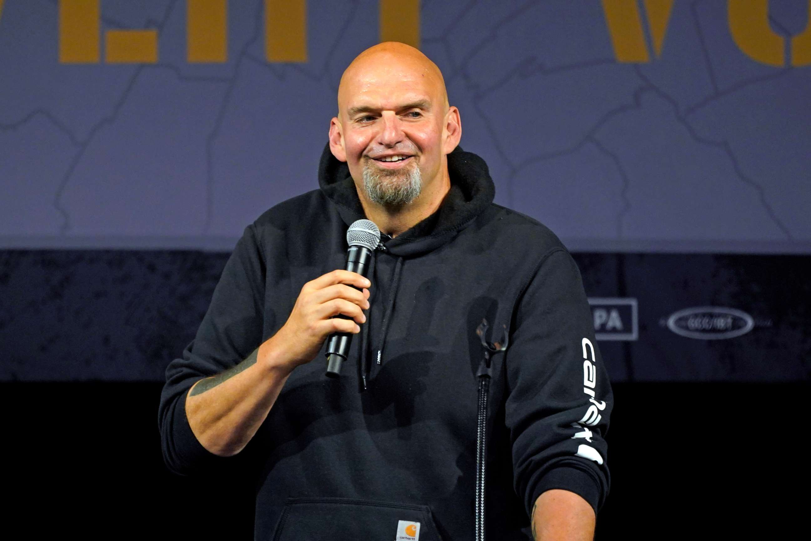 PHOTO: Pennsylvania Lt. Gov. John Fetterman, the Democratic nominee for the state's U.S. Senate seat, speaks during a rally in Erie, Pa., on Friday, Aug. 12, 2022. (AP Photo/Gene J. Puskar)