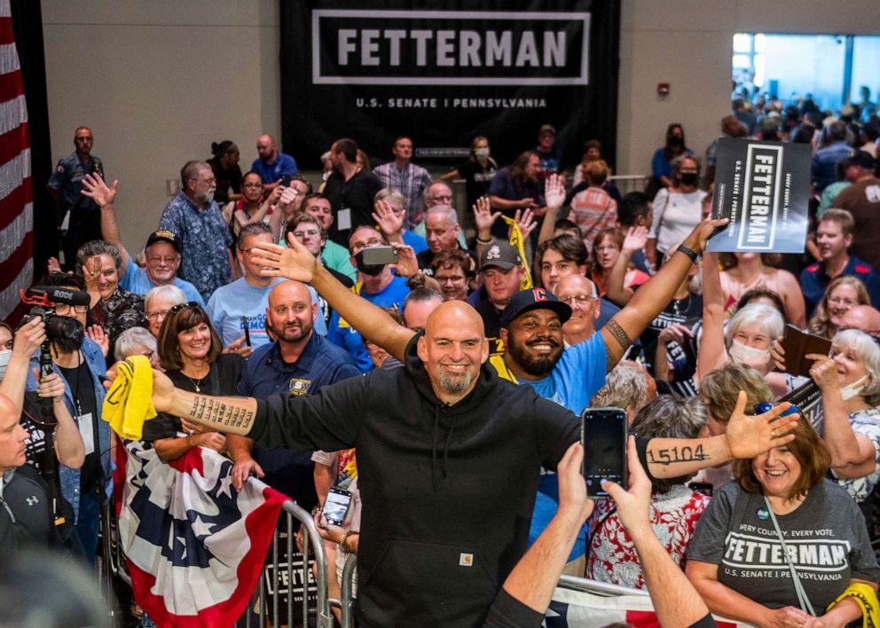 PHOTO:  Democratic Senate candidate Lt. Gov. John Fetterman (D-PA) takes photos with supporters following a rally at the Bayfront Convention Center on August 12, 2022 in Erie, Pennsylvania. F (Photo by Nate Smallwood/Getty Images)