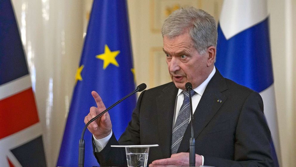 PHOTO: Finland's President Sauli Niinisto speaks during a joint press conference with British Prime Minister Boris Johnson, at the Presidential Palace in Helsinki, Finland, May 11, 2022.