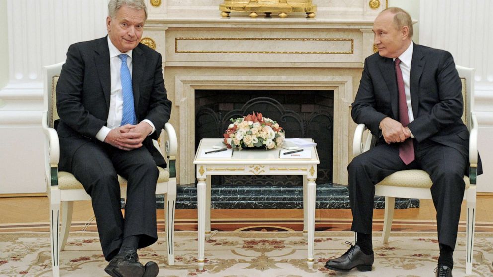 PHOTO: Finnish President Sauli Niinisto and Russian President Vladimir Putin talk during their meeting in the Kremlin in Moscow, Russia, Oct. 29, 2021.