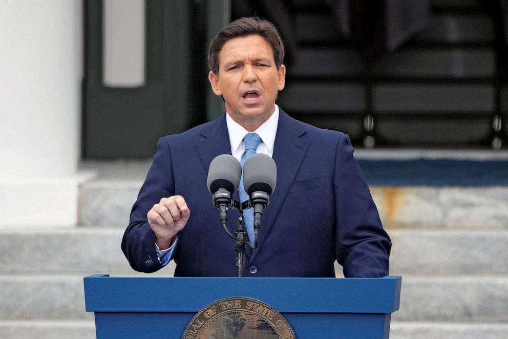 PHOTO: FILE - Florida Gov. Ron DeSantis speaks after being sworn in to begin his second term during an inauguration ceremony outside the Old Capitol Jan. 3, 2023, in Tallahassee, Fla.