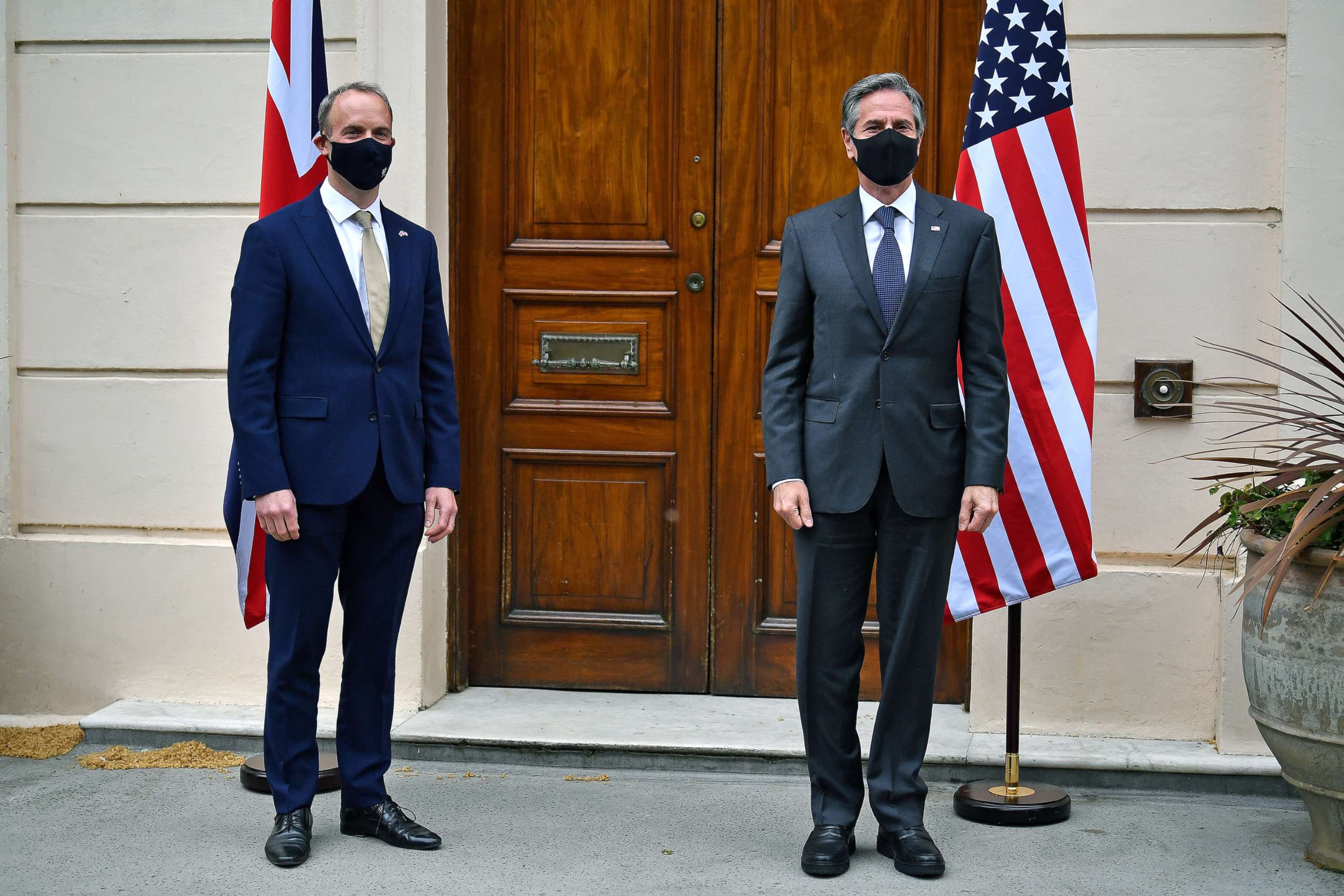 PHOTO: Britain's Foreign Secretary Dominic Raab (L) poses for a photo with Secretary of State Antony Blinken ahead of their bilateral meeting in London, May 3, 2021, during the G7 foreign ministers meeting. 